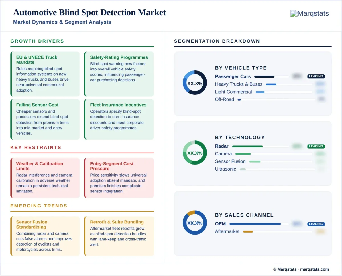 Automotive Blind Spot Detection Market Market Dynamics Segment Analysis Infographic Automotive Blind Spot Detection Market Market Dynamics Segment Analysis Infographic